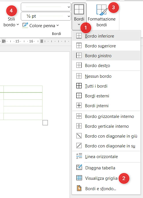 Menu bordi tabella